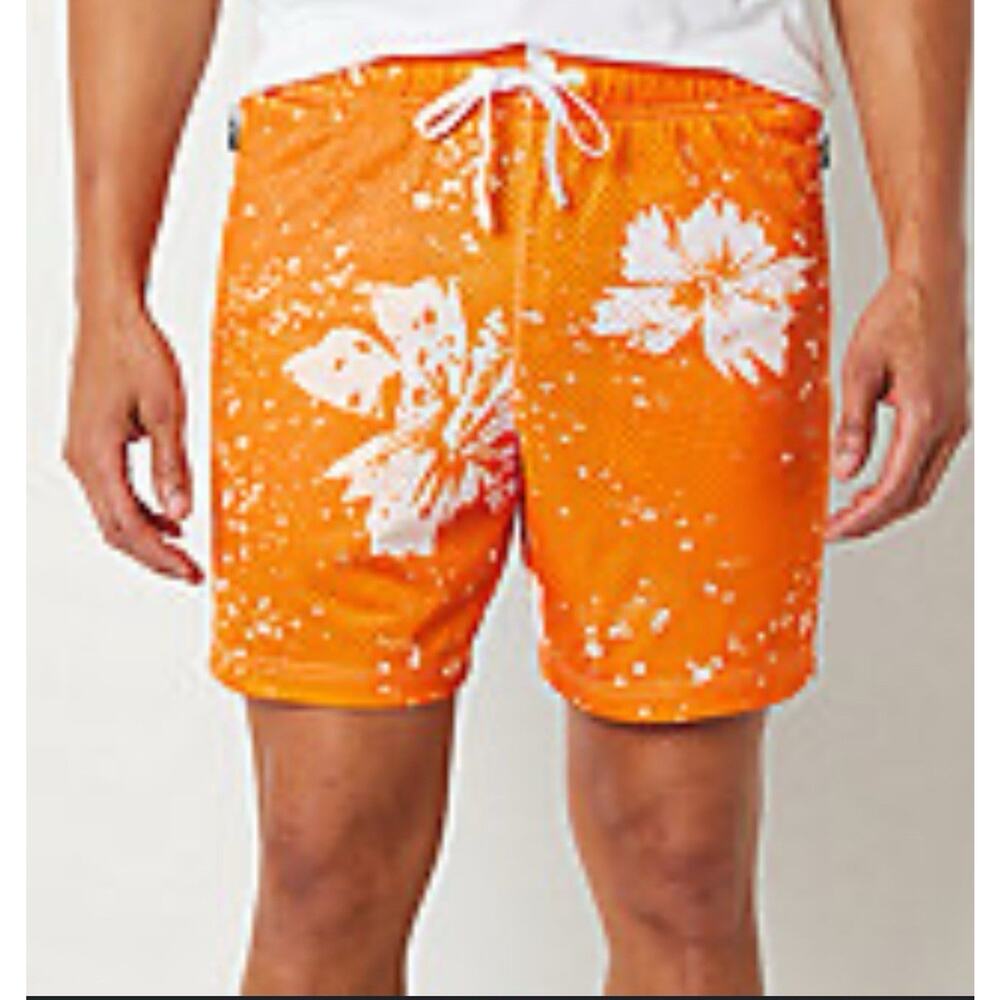 Sports Illustrated Mesh Swim Shorts Men’s XXL Marigold Hibiscus Zip Pockets